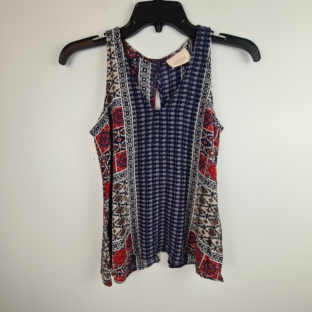 Lucy Love Boho Aztec Keyhole Open Back Tank Top S/M Southwest Boho Crinkle Flowy